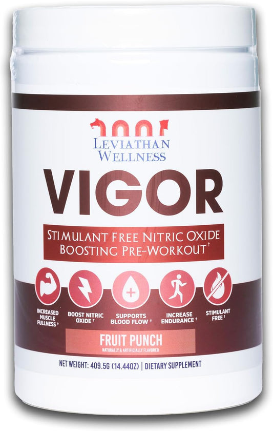 Leviathan Wellness Vigor - Nitric Oxide Boosting Pre-Workout Powder, Stimulant-Free, 30 Servings (Fruit Punch)