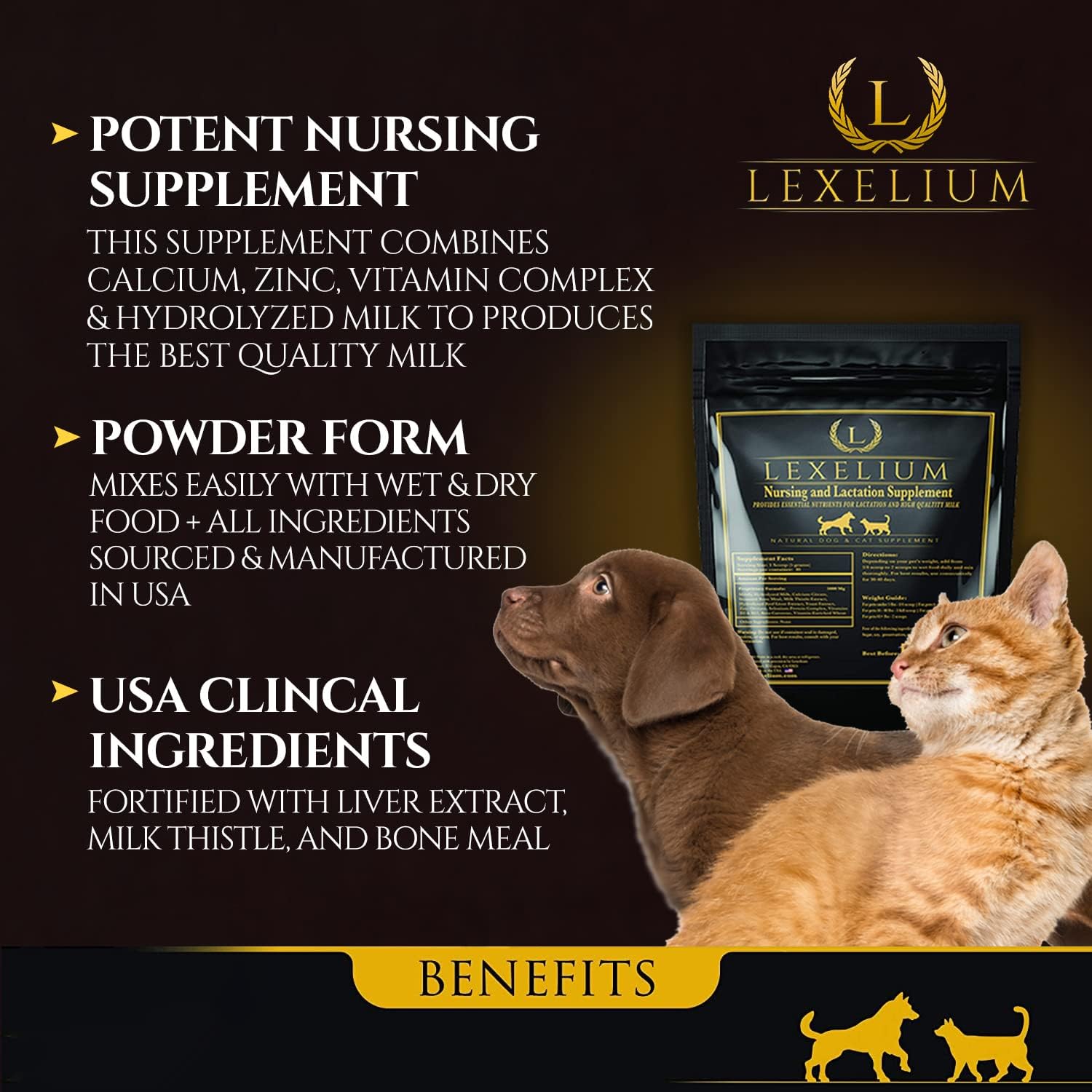 Lexelium Nursing Supplement for Dogs and Cats - Lactation and Recovery Vitamins for Breeders - Puppy and Kitten Development - 200g