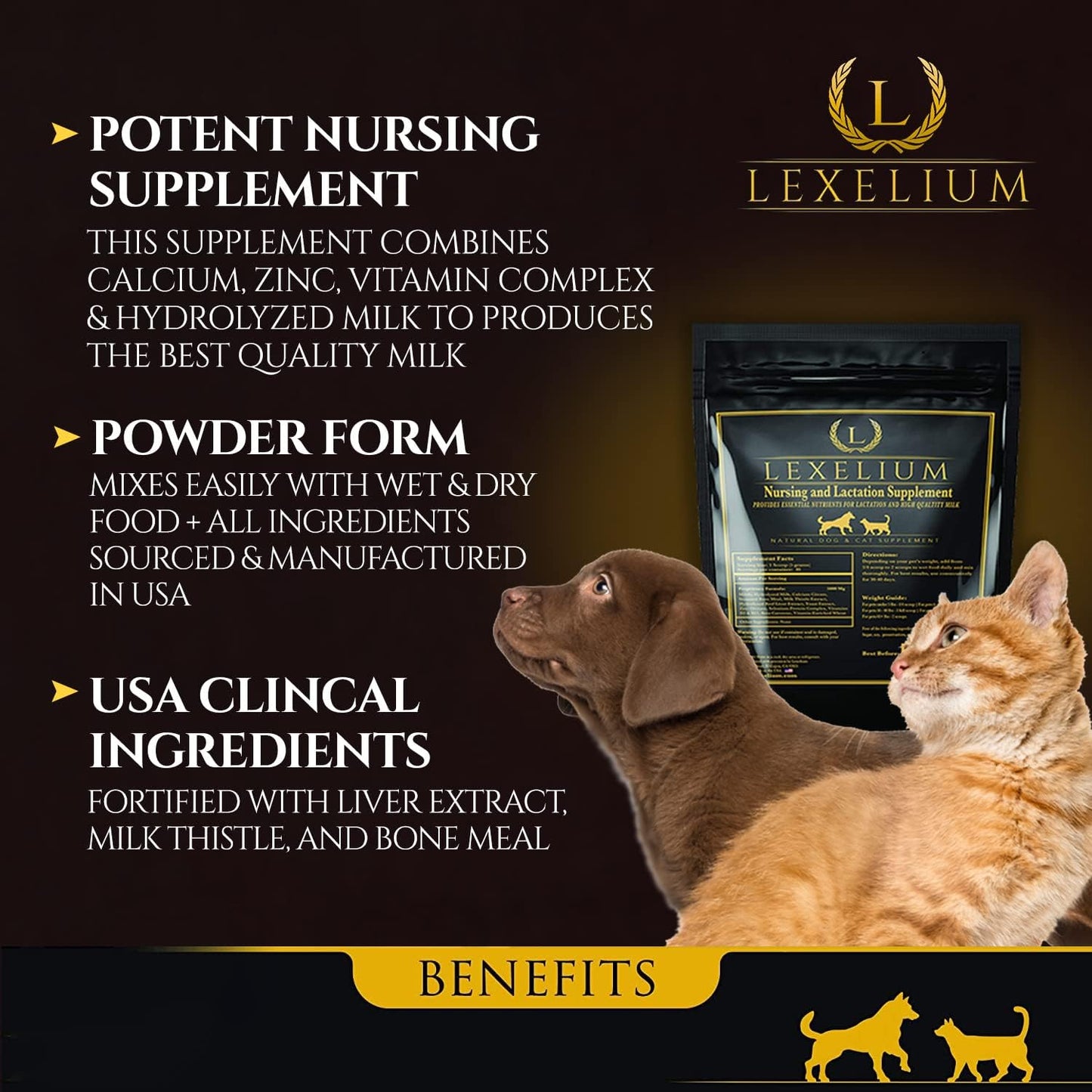 Lexelium Nursing Supplement for Dogs and Cats - Lactation and Recovery Vitamins for Breeders - Puppy and Kitten Development - 200g