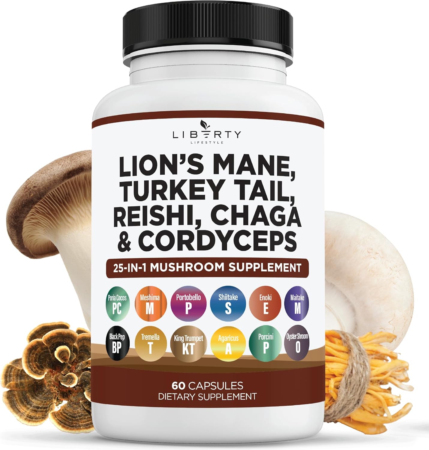 Liberty Lifestyle Lions Mane Mushroom Supplement with Turkey Tail Reishi Cordyceps Chaga & Marshmallow Root - 1-Pack
