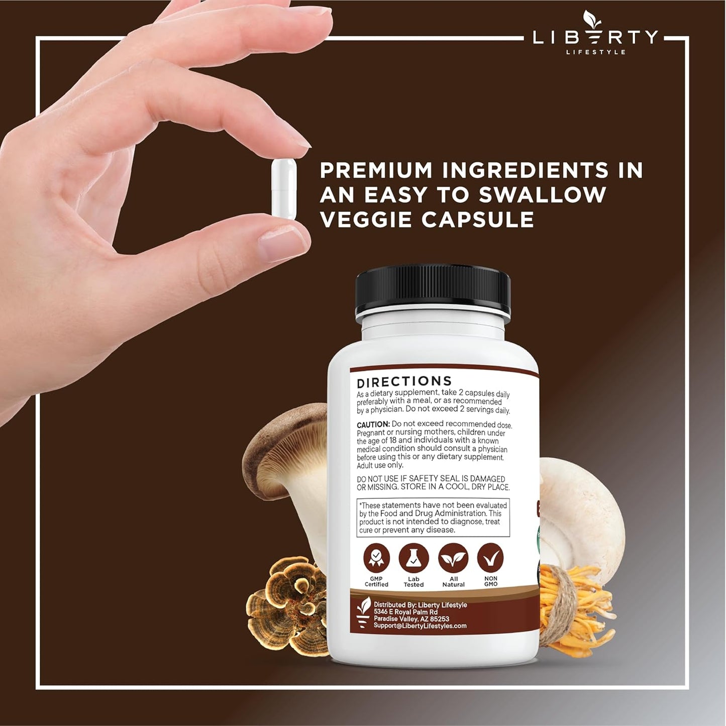 Liberty Lifestyle Lions Mane Mushroom Supplement with Turkey Tail Reishi Cordyceps Chaga & Marshmallow Root - 1-Pack