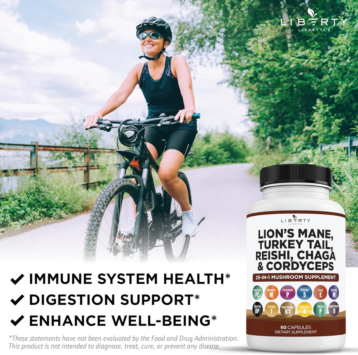 Liberty Lifestyle Lions Mane Mushroom Supplement with Turkey Tail Reishi Cordyceps Chaga & Marshmallow Root - 1-Pack