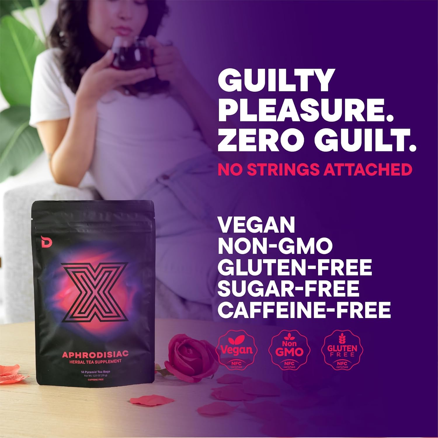 Libido-Boosting Aphrodisiac Tea for Couples - Gluten, Sugar, and Caffeine-Free - Horny Goat Weed, Fenugreek, Butterfly Pea Flower, and Hibiscus Blend