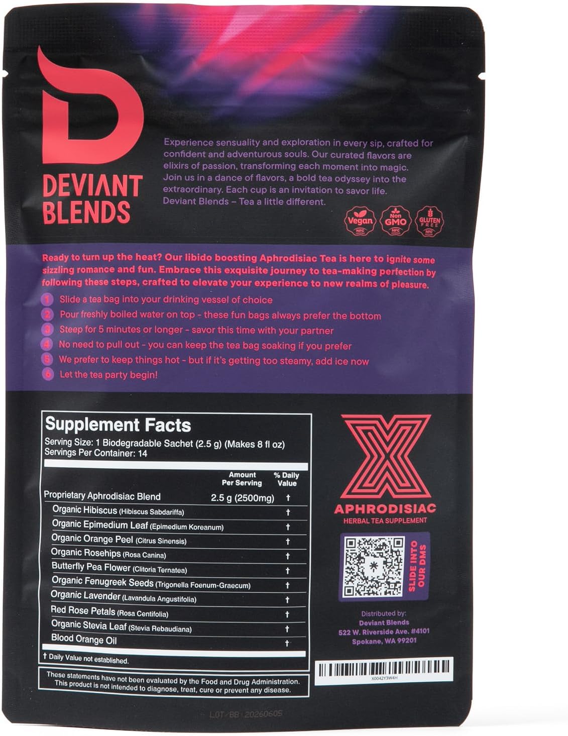 Libido-Boosting Aphrodisiac Tea for Couples - Gluten, Sugar, and Caffeine-Free - Horny Goat Weed, Fenugreek, Butterfly Pea Flower, and Hibiscus Blend