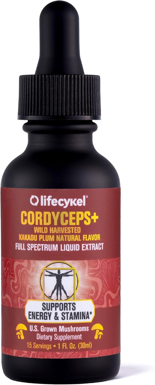 Life Cykel Cordyceps Mushroom Extract with Kakadu Plum - Natural Energy and Stamina Booster - Anti-Aging Supplement - Non-GMO Vegan Tincture - 1Fl Oz