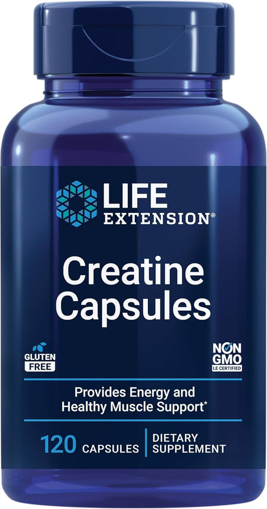 Life Extension Creatine Monohydrate Capsules - Enhances Strength, Lean Muscle, Endurance - Non-GMO, Gluten-Free - 120 Capsules