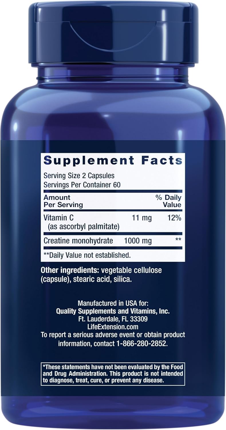 Life Extension Creatine Monohydrate Capsules - Enhances Strength, Lean Muscle, Endurance - Non-GMO, Gluten-Free - 120 Capsules