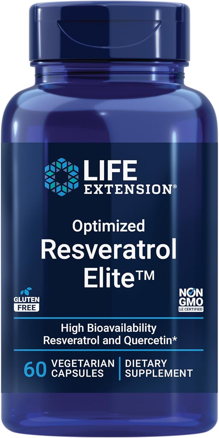 Life Extension Resveratrol Elite Capsules - Trans-resveratrol & Quercetin for Heart & Brain Health, Anti-Aging, Antioxidant Support - Non-GMO & Vegetarian - 60 Count
