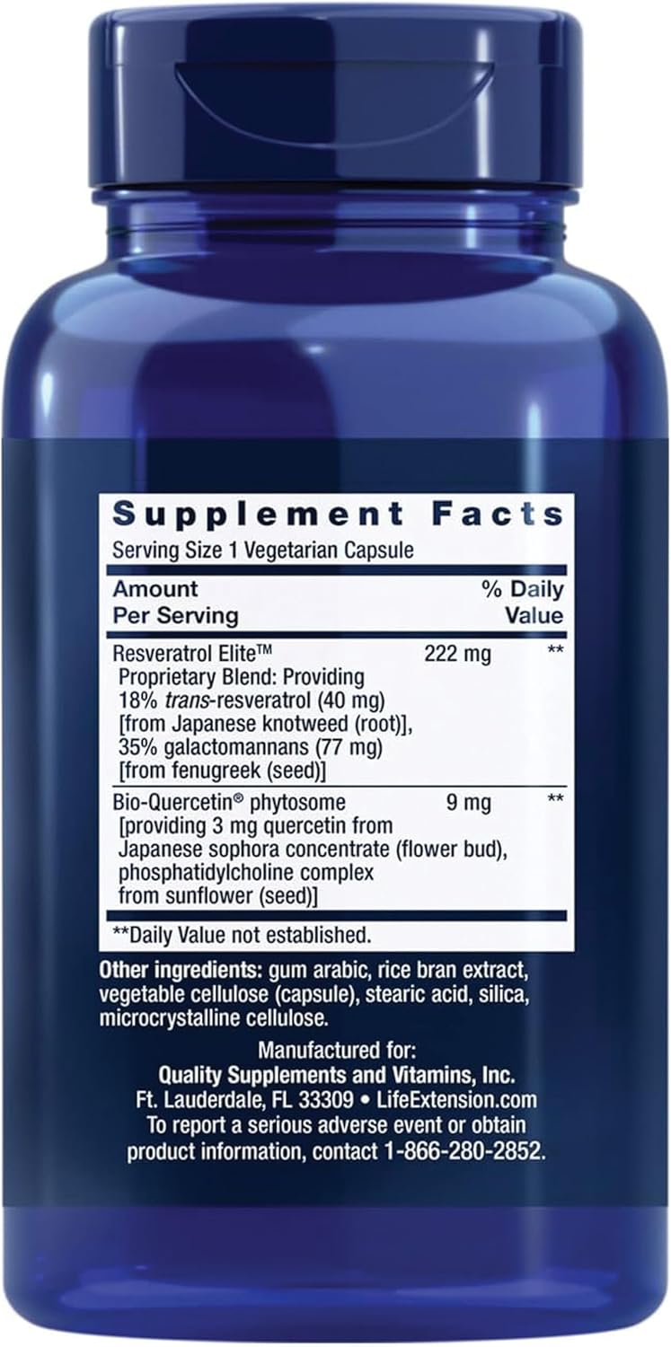 Life Extension Resveratrol Elite Capsules - Trans-resveratrol & Quercetin for Heart & Brain Health, Anti-Aging, Antioxidant Support - Non-GMO & Vegetarian - 60 Count