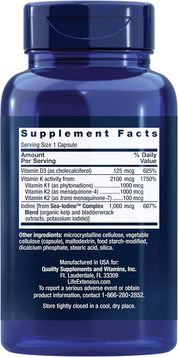 Life Extension Vitamin D and K with Sea-Iodine Capsules - Immune, Bone, Arterial, Thyroid Support - Non-GMO, Gluten-Free - 60 ct