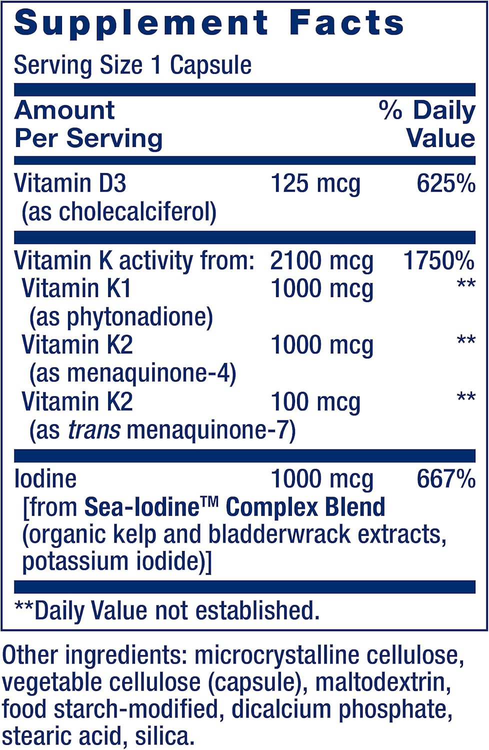Life Extension Vitamin D and K with Sea-Iodine Capsules - Immune, Bone, Arterial, Thyroid Support - Non-GMO, Gluten-Free - 60 ct