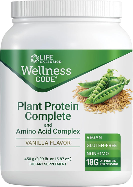 Life Extension Wellness Code® Vanilla Plant Protein Powder with Amino Acids - 450 Grams, Gluten-Free, Non-GMO, Vegetarian