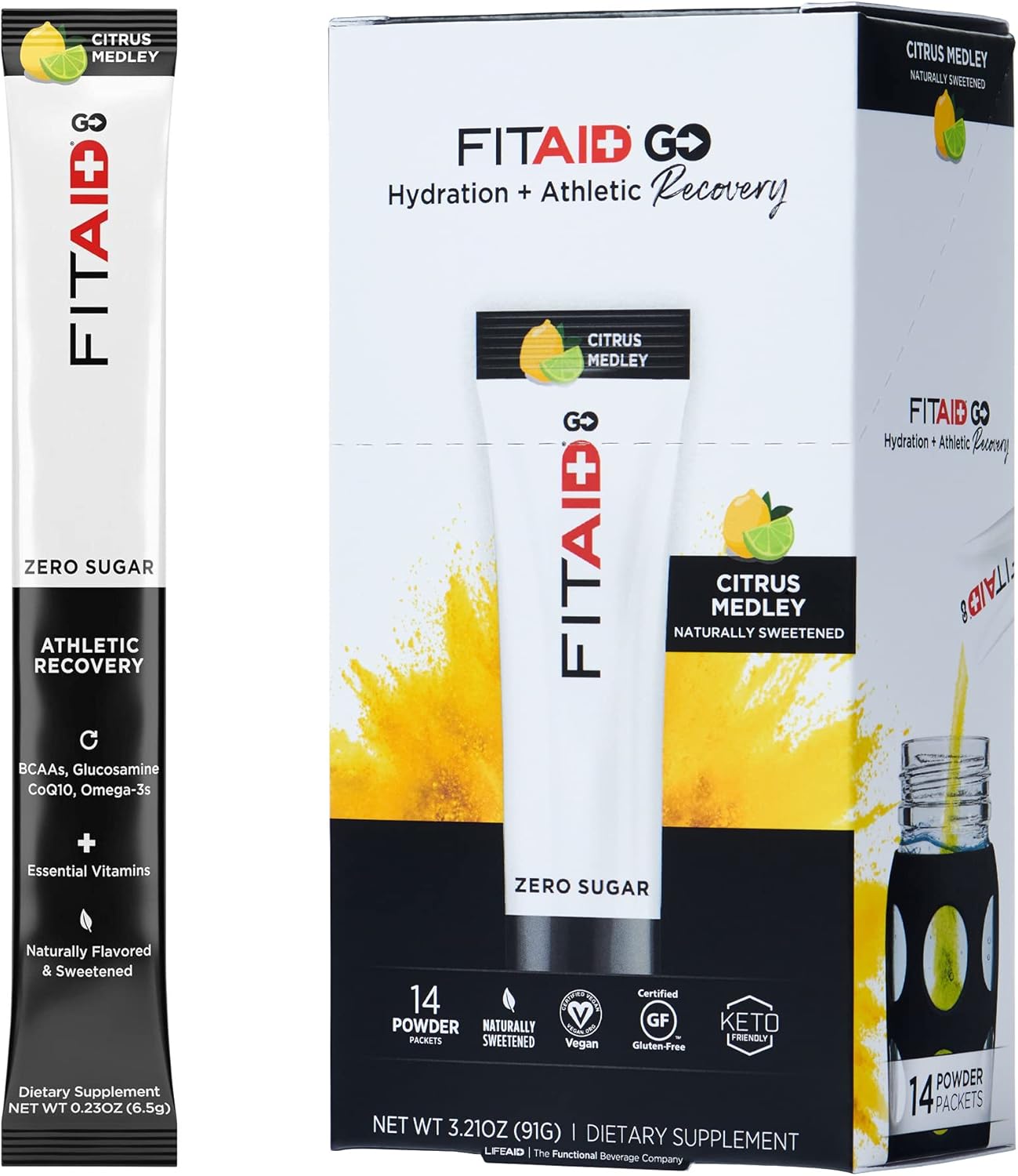 LIFEAID FITAID GO ZERO SUGAR Hydration Packets with BCAAs, Glucosamine, and Electrolytes - Keto-Friendly, Vegan, Gluten-Free, 5 calories, 14 Pack