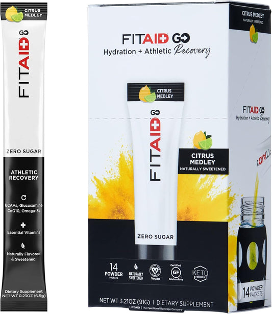 LIFEAID FITAID GO ZERO SUGAR Hydration Packets with BCAAs, Glucosamine, and Electrolytes - Keto-Friendly, Vegan, Gluten-Free, 5 calories, 14 Pack