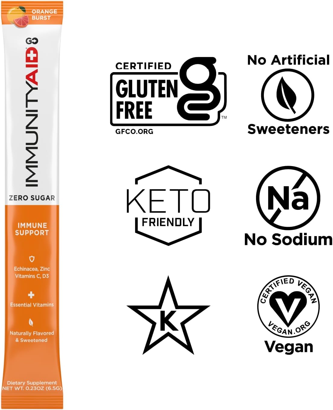 LIFEAID IMMUNITYAID GO! Zero Sugar Immunity + Hydration Packets with Vitamin C, Echinacea, Zinc, Astragalus Root - Keto, Vegan, Gluten-Free - 5 Calories, Naturally Sweetened, Caffeine-Free - 14 Pack