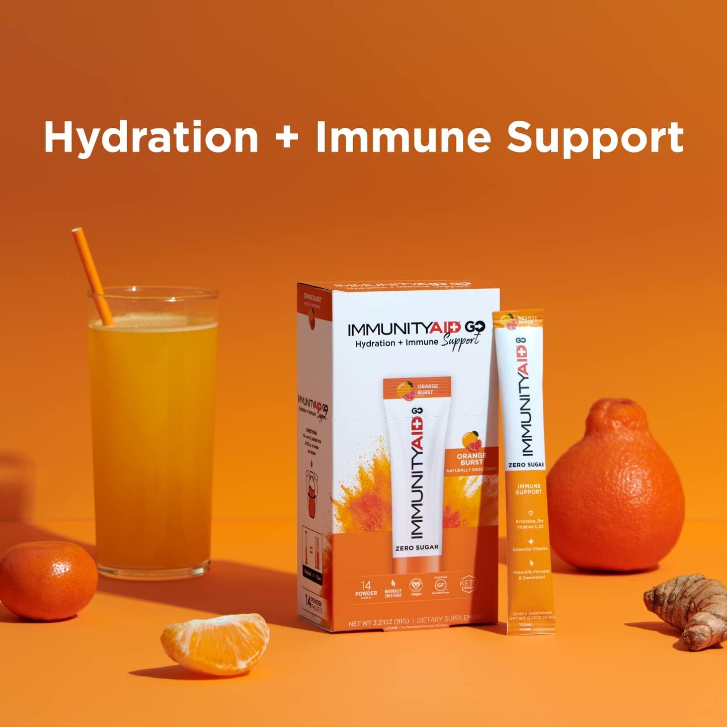 LIFEAID IMMUNITYAID GO! Zero Sugar Immunity + Hydration Packets with Vitamin C, Echinacea, Zinc, Astragalus Root - Keto, Vegan, Gluten-Free - 5 Calories, Naturally Sweetened, Caffeine-Free - 14 Pack