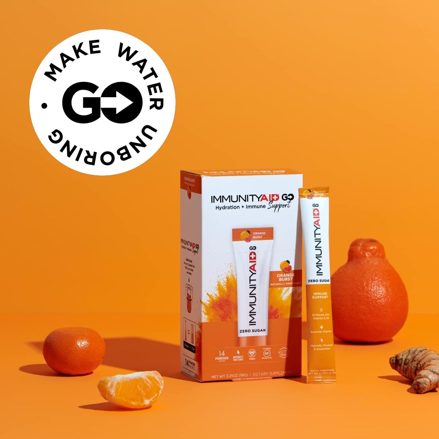 LIFEAID IMMUNITYAID GO! Zero Sugar Immunity + Hydration Packets with Vitamin C, Echinacea, Zinc, Astragalus Root - Keto, Vegan, Gluten-Free - 5 Calories, Naturally Sweetened, Caffeine-Free - 14 Pack