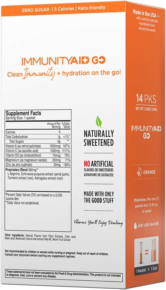 LIFEAID IMMUNITYAID GO! Zero Sugar Immunity + Hydration Packets with Vitamin C, Echinacea, Zinc, Astragalus Root - Keto, Vegan, Gluten-Free - 5 Calories, Naturally Sweetened, Caffeine-Free - 14 Pack