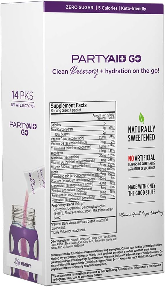 LIFEAID PARTYAID GO! - Hangover Prevention Drink with 5-HTP, B-Complex, Milk Thistle, Electrolytes - Zero Sugar, 14 Count Pack