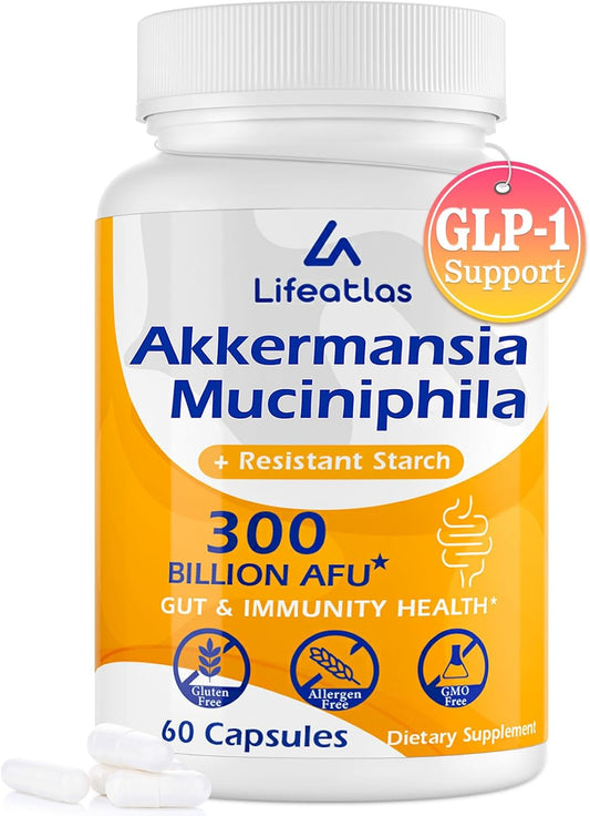 Lifeatlas Akkermansia Probiotic Supplement | 300 Billion AFU for Gut Health & Immunity | GLP-1 Production Support | 60 Capsules