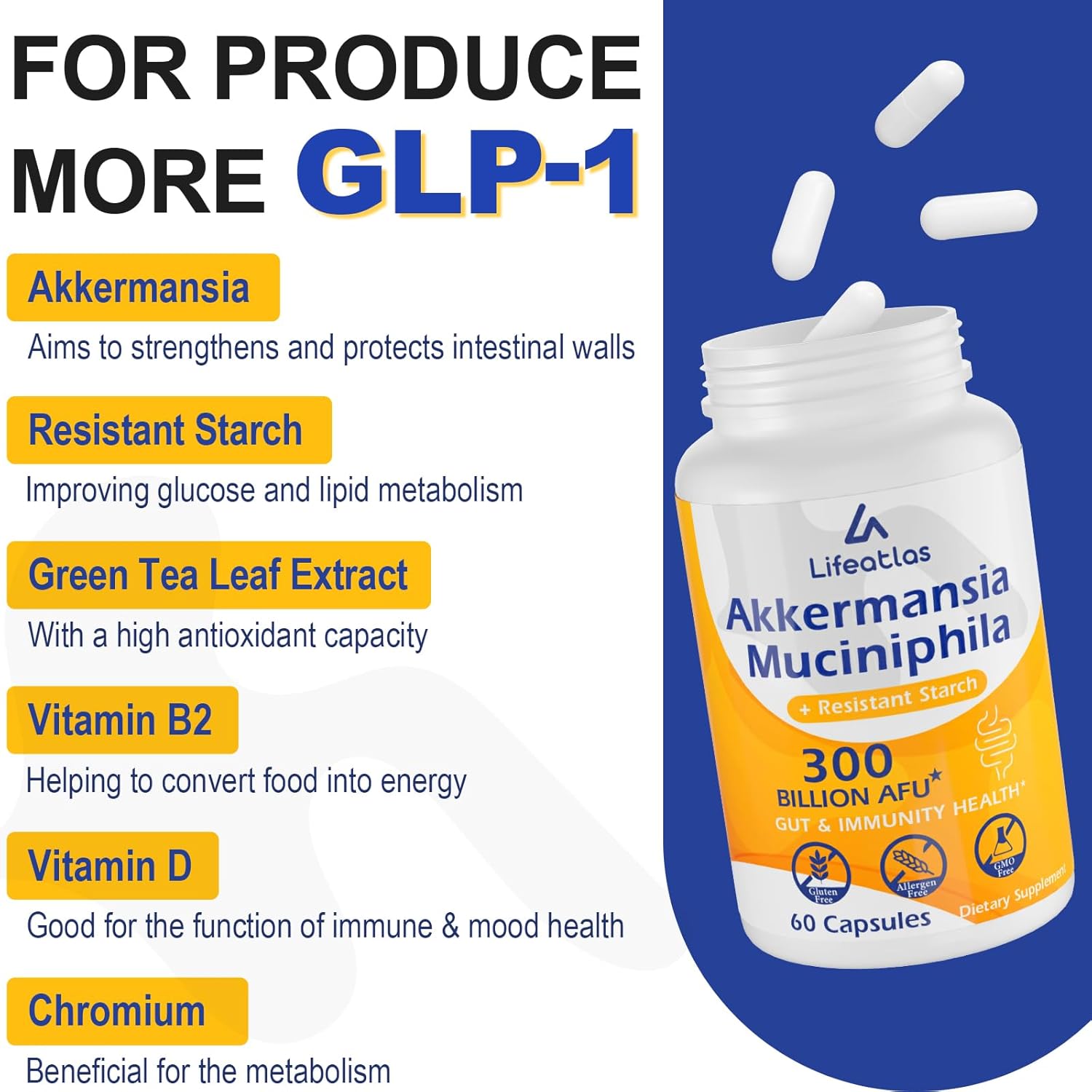 Lifeatlas Akkermansia Probiotic Supplement | 300 Billion AFU for Gut Health & Immunity | GLP-1 Production Support | 60 Capsules