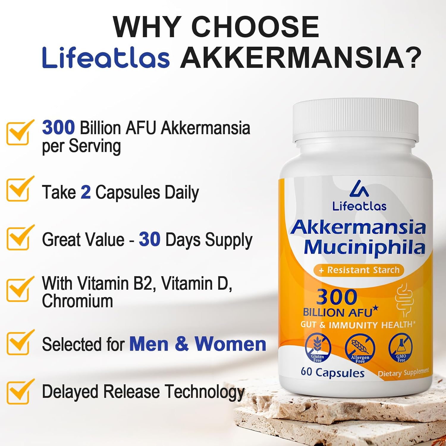 Lifeatlas Akkermansia Probiotic Supplement | 300 Billion AFU for Gut Health & Immunity | GLP-1 Production Support | 60 Capsules