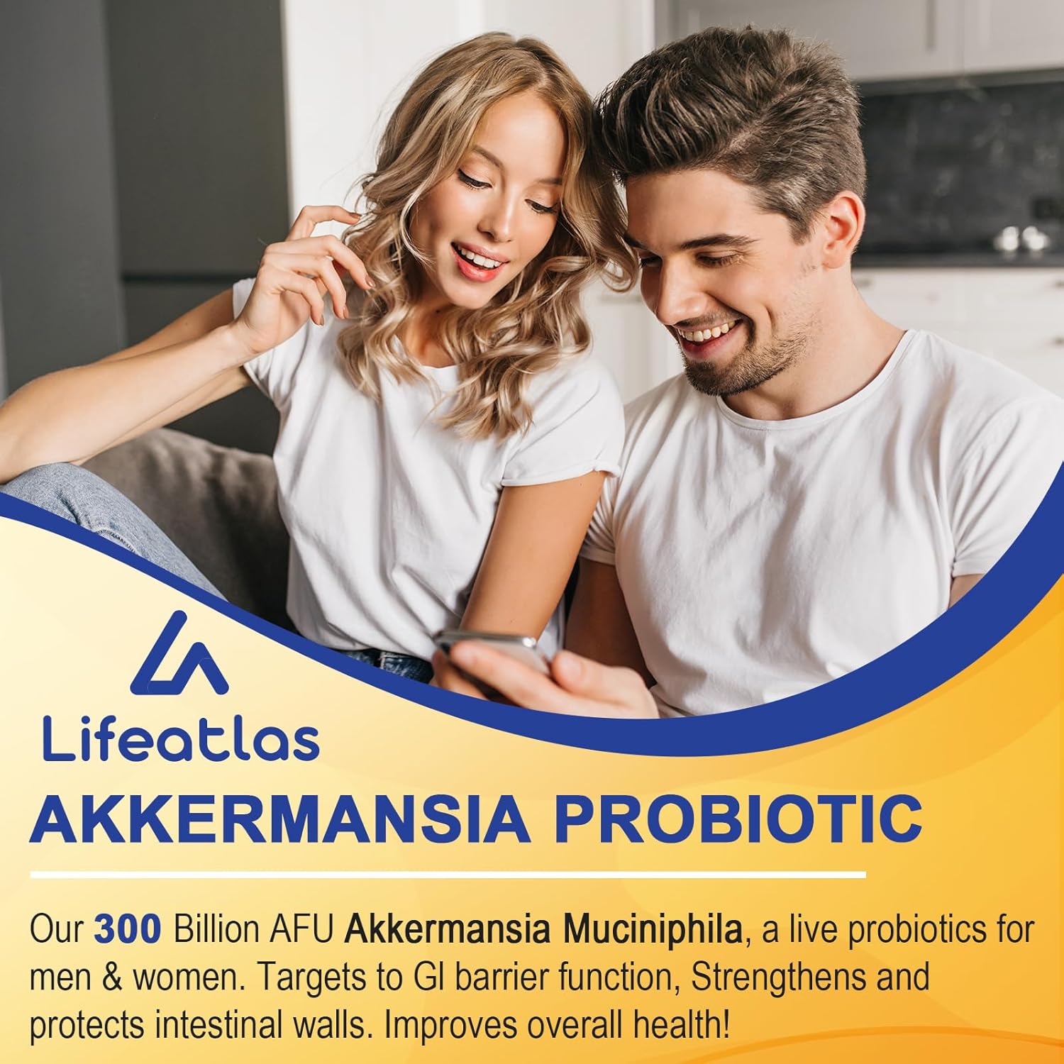 Lifeatlas Akkermansia Probiotic Supplement | 300 Billion AFU for Gut Health & Immunity | GLP-1 Production Support | 60 Capsules