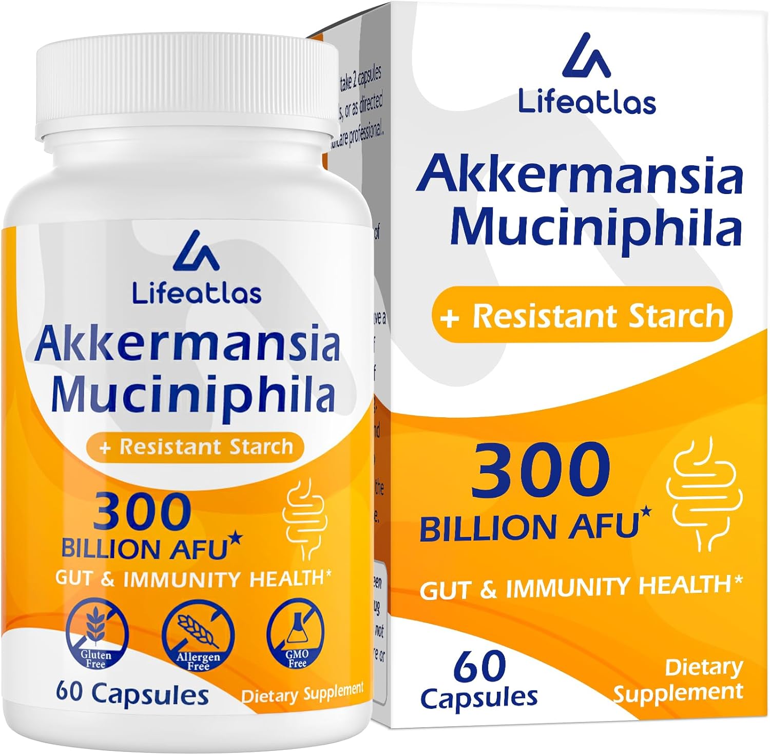 Lifeatlas Akkermansia Probiotic Supplement | 300 Billion AFU for Gut Health & Immunity | GLP-1 Production Support | 60 Capsules