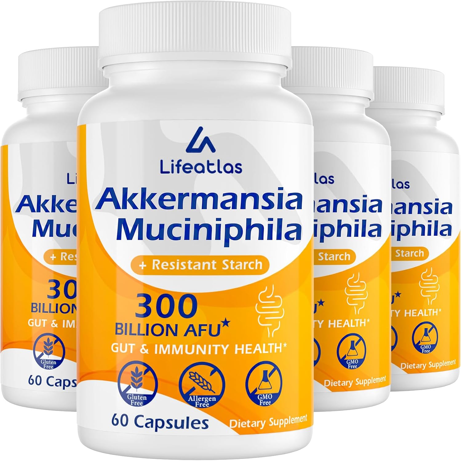 Lifeatlas GLP-1 Probiotic Supplement | 300 Billion AFU Akkermansia Muciniphila for Gut Health and Immunity | Akka Superbiotics for Men and Women | Enhances Digestive Function | 4 Pack