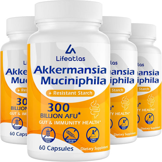 Lifeatlas GLP-1 Probiotic Supplement | 300 Billion AFU Akkermansia Muciniphila for Gut Health and Immunity | Akka Superbiotics for Men and Women | Enhances Digestive Function | 4 Pack