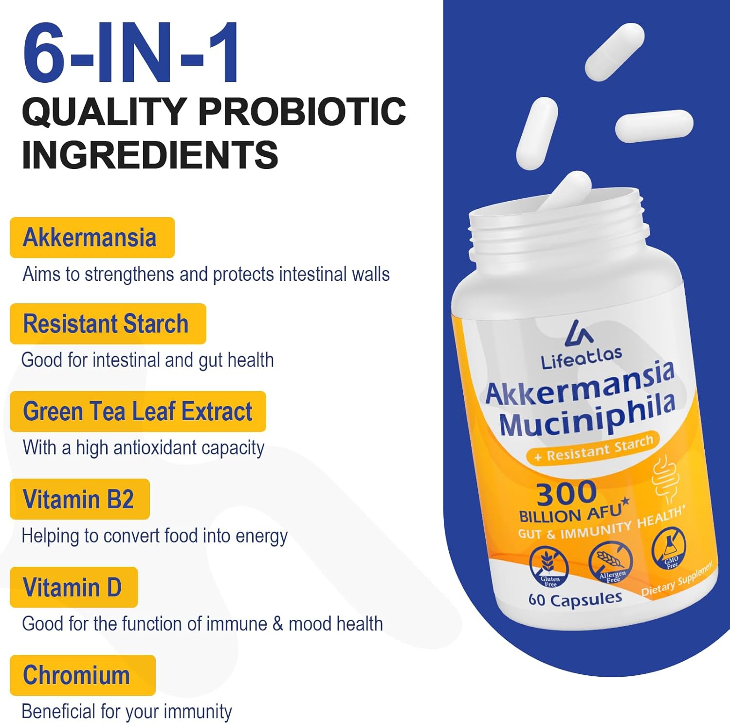 Lifeatlas GLP-1 Probiotic Supplement | 300 Billion AFU Akkermansia Muciniphila for Gut Health and Immunity | Akka Superbiotics for Men and Women | Enhances Digestive Function | 4 Pack
