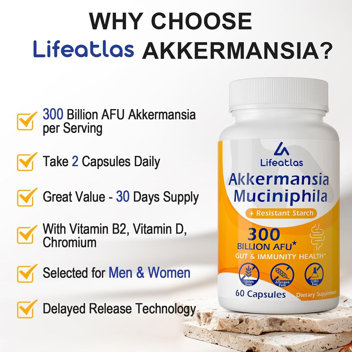 Lifeatlas GLP-1 Probiotic Supplement | 300 Billion AFU Akkermansia Muciniphila for Gut Health and Immunity | Akka Superbiotics for Men and Women | Enhances Digestive Function | 4 Pack
