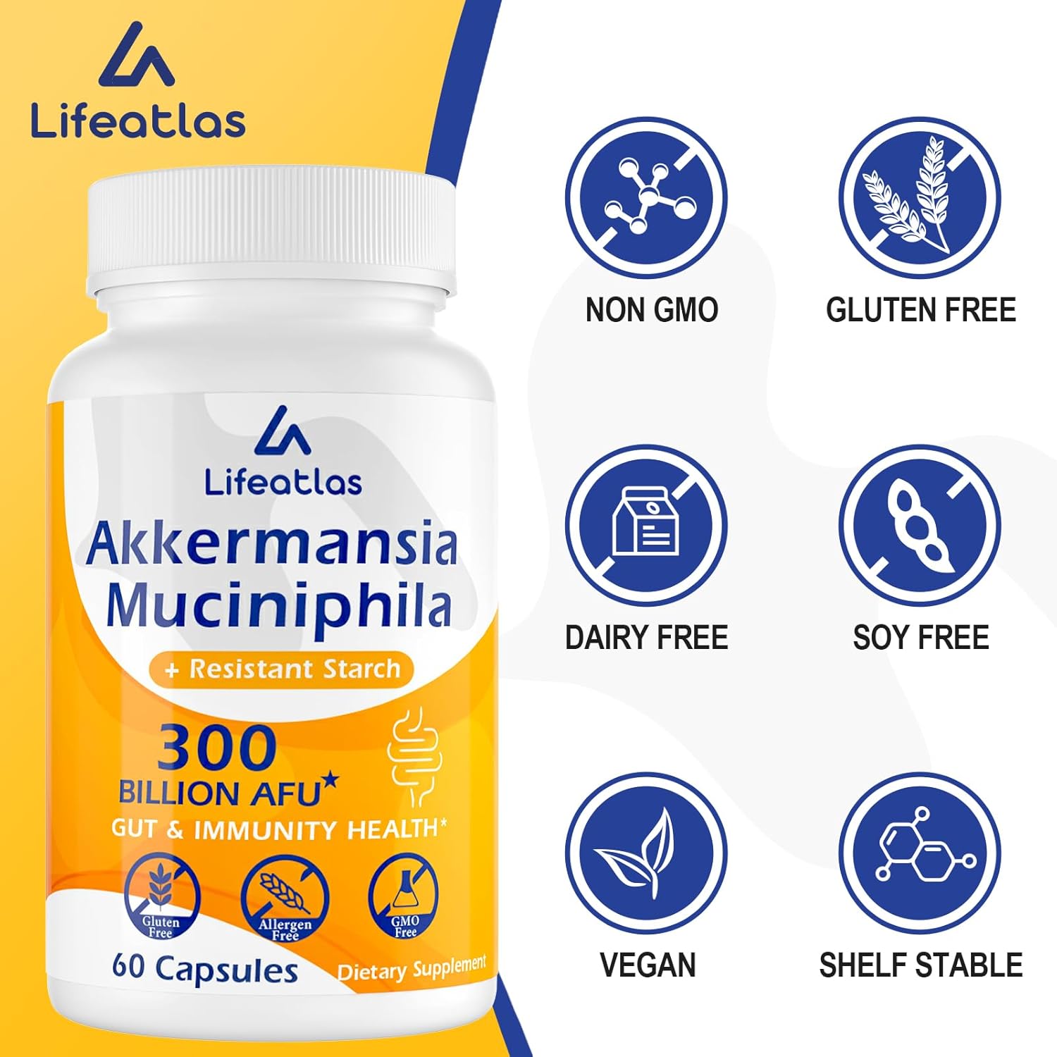 Lifeatlas GLP-1 Probiotic Supplement | 300 Billion AFU Akkermansia Muciniphila for Gut Health and Immunity | Akka Superbiotics for Men and Women | Enhances Digestive Function | 4 Pack