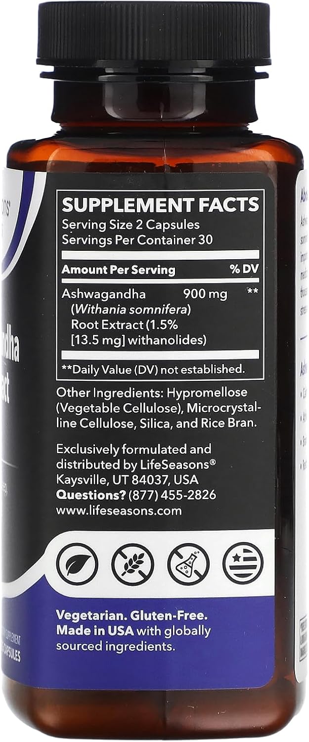 LifeSeasons Essentials Ashwagandha Supplement: Stress & Sleep Support, Calm Mind, Athletic Performance, 900mg, 60 Count