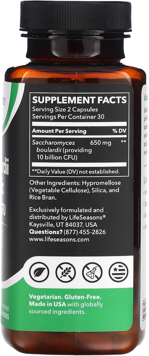 LifeSeasons S. Boulardii Probiotic Capsules - Supports Immune Function, Digestive Regularity, & Gut Health - Saccharomyces - 60 Count