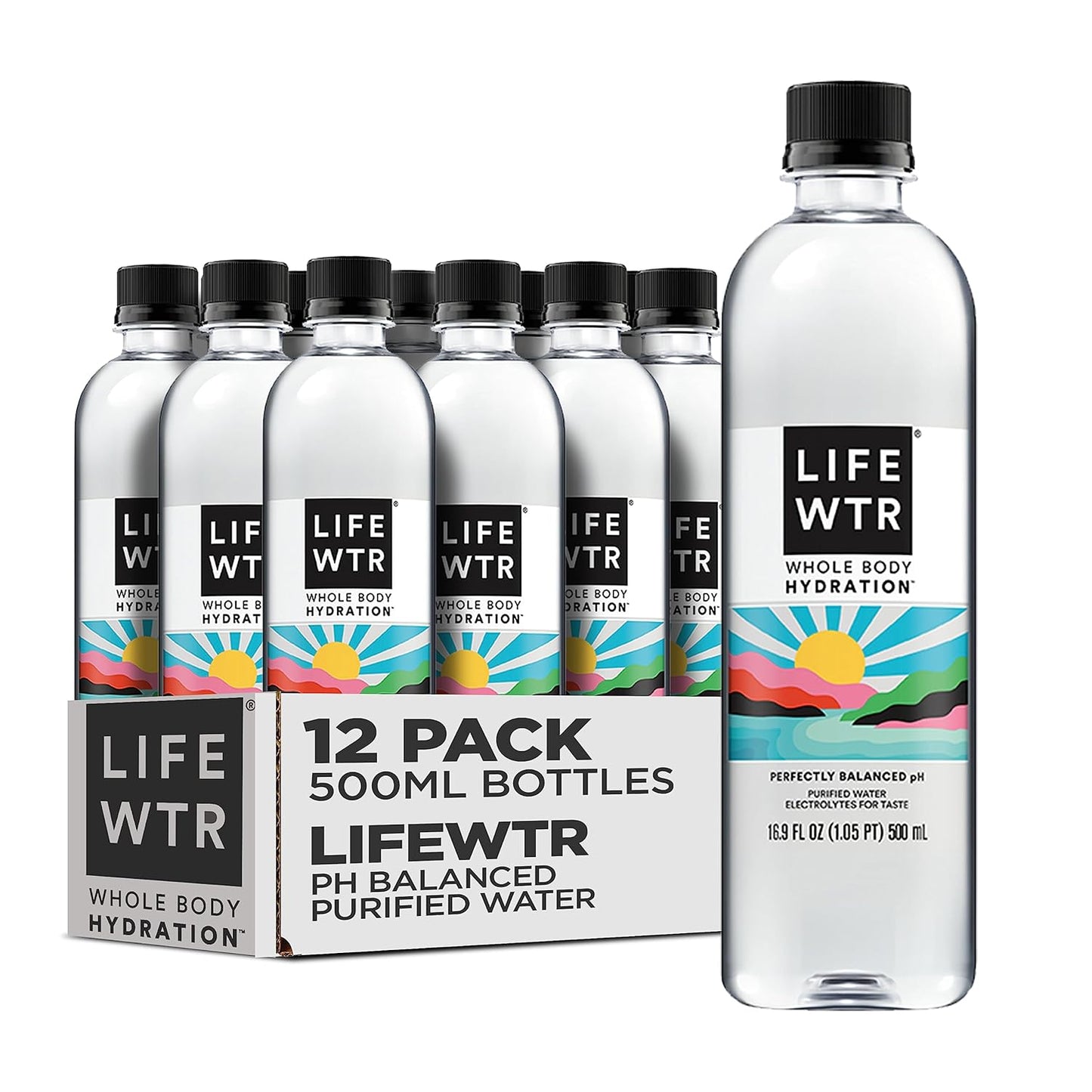 LIFEWTR Premium Purified Water with Electrolytes, pH Balanced, 100% Recycled Plastic, 16.9 Fl Oz (500ml) Bottles - Pack of 12