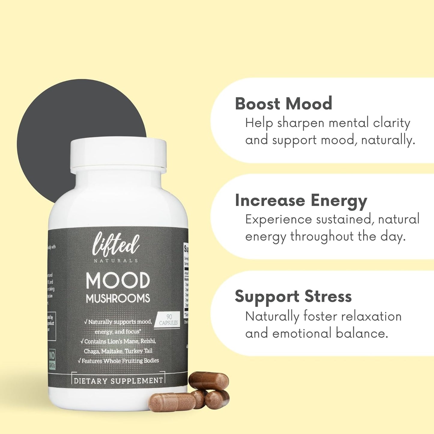 Lifted Naturals Mood Mushrooms Supplement - Lion's Mane, Reishi, Chaga, Turkey Tail, Maitake - Energy, Focus, Stress Relief