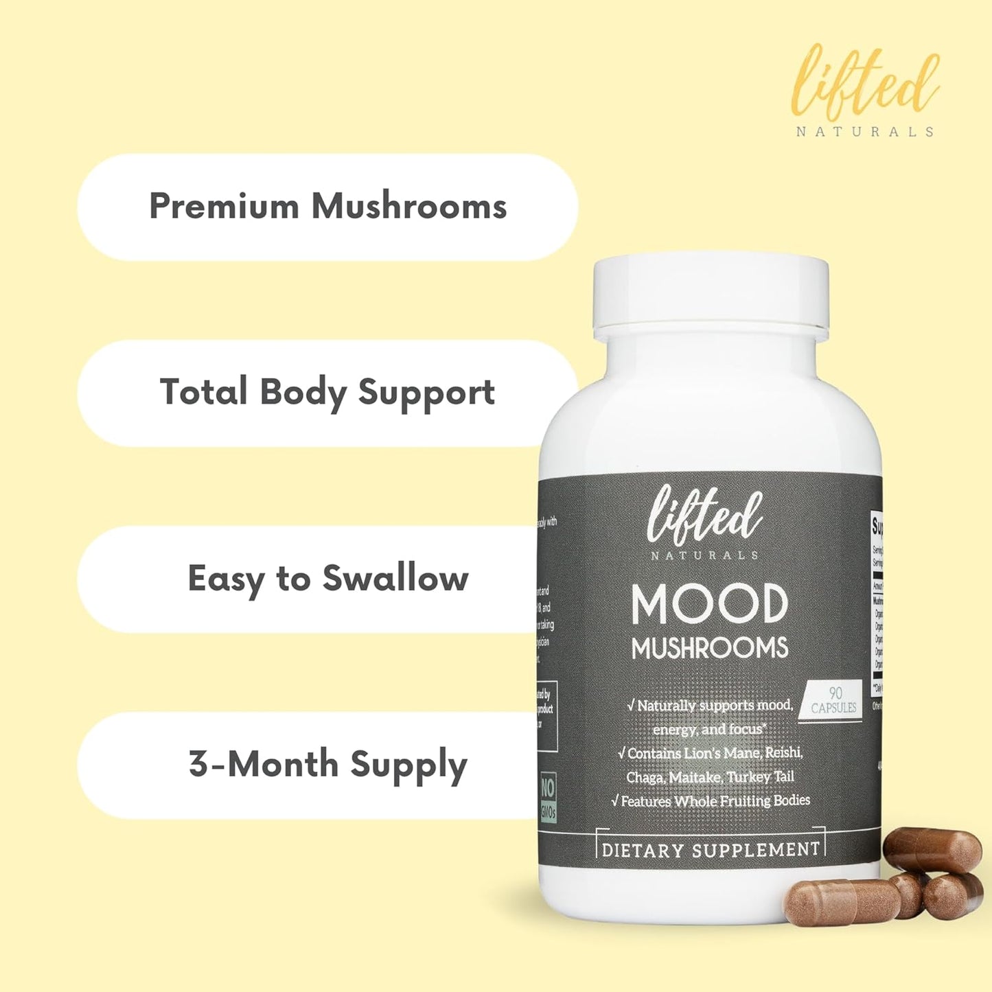 Lifted Naturals Mood Mushrooms Supplement - Lion's Mane, Reishi, Chaga, Turkey Tail, Maitake - Energy, Focus, Stress Relief