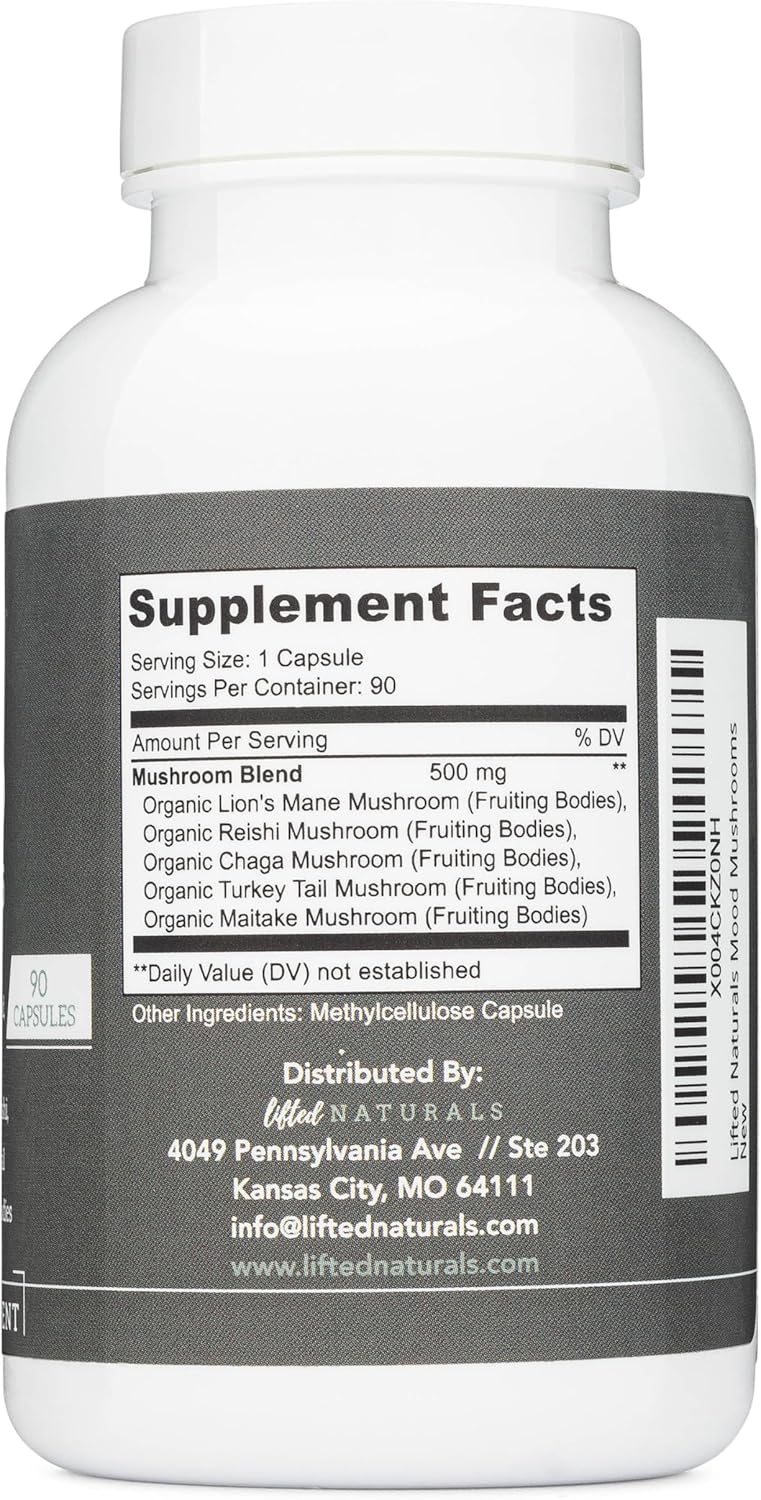 Lifted Naturals Mood Mushrooms Supplement - Lion's Mane, Reishi, Chaga, Turkey Tail, Maitake - Energy, Focus, Stress Relief