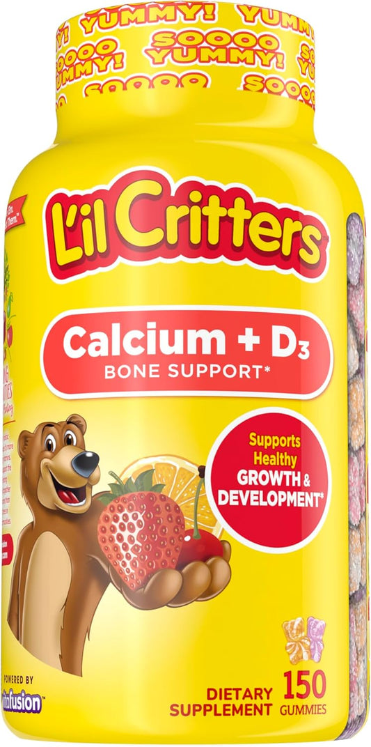 Lil Critters Calcium + D3 Daily Gummy Supplement for Kids - Bone Support - Orange, Strawberry, Cherry - 150 Gummies