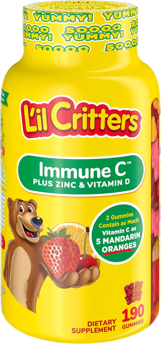 Lil Critters Immune C Daily Gummy Supplement for Kids - Vitamin C, D, Zinc - 190 Gummies - Mixed Fruit Flavors