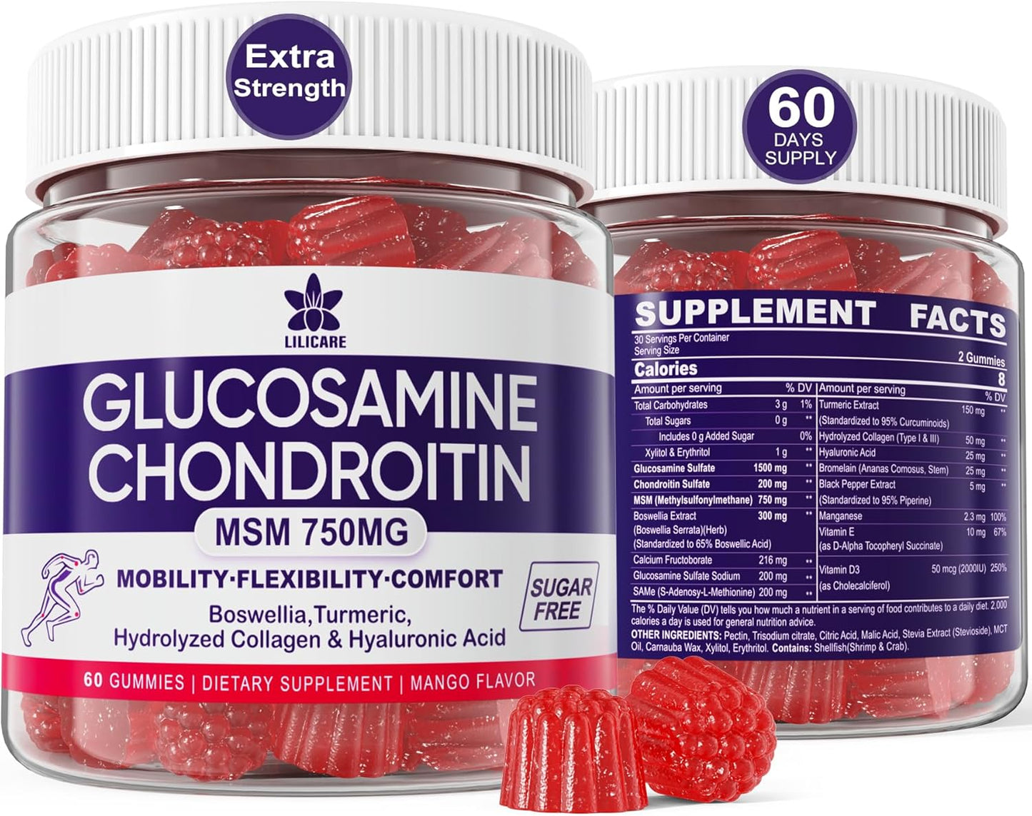 LILICARE Glucosamine Chondroitin Gummies with MSM, Boswellia Turmeric, Hydrolyzed Collagen & Hyaluronic Acid - 120 Count - Mobility Supplement