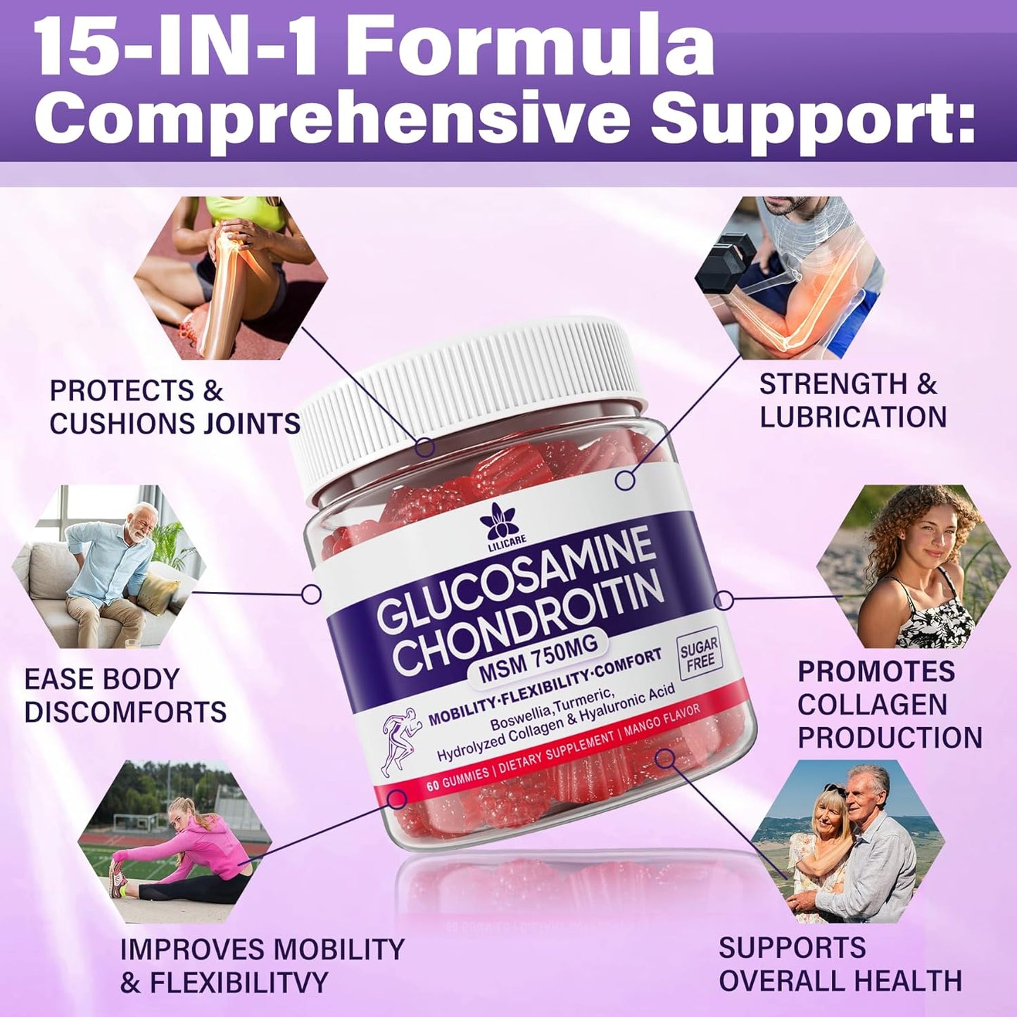 LILICARE Glucosamine Chondroitin Gummies with MSM, Boswellia Turmeric, Hydrolyzed Collagen & Hyaluronic Acid - 120 Count - Mobility Supplement