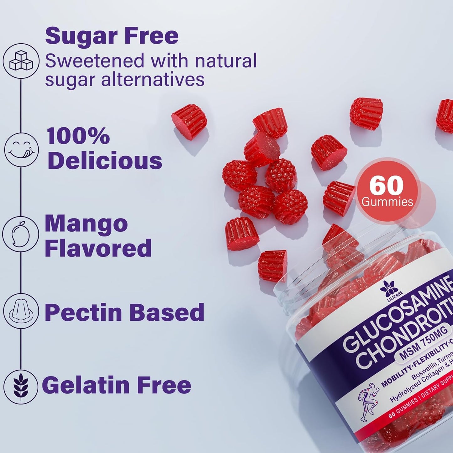 LILICARE Glucosamine Chondroitin Gummies with MSM, Boswellia Turmeric, Hydrolyzed Collagen & Hyaluronic Acid - 120 Count - Mobility Supplement