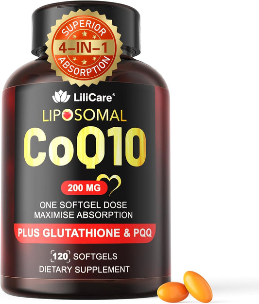 LILICARE Liposomal CoQ10-200mg Softgels with PQQ, Glutathione & Black Pepper | ATP & Energy Support | Soy-Free Coenzyme Q10 Supplement, 120 Softgels