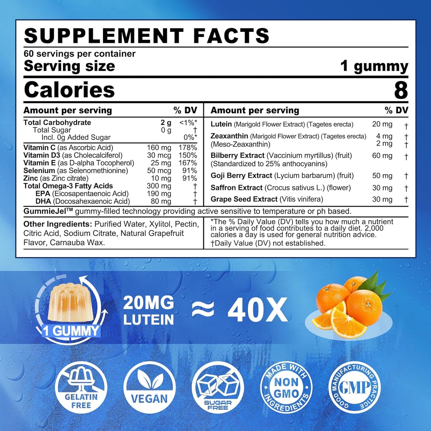 LILICARE Sugar-Free Lutein 20mg Zeaxanthin Gummies with Ashwagandha and Vegan Omega-3 for Adults