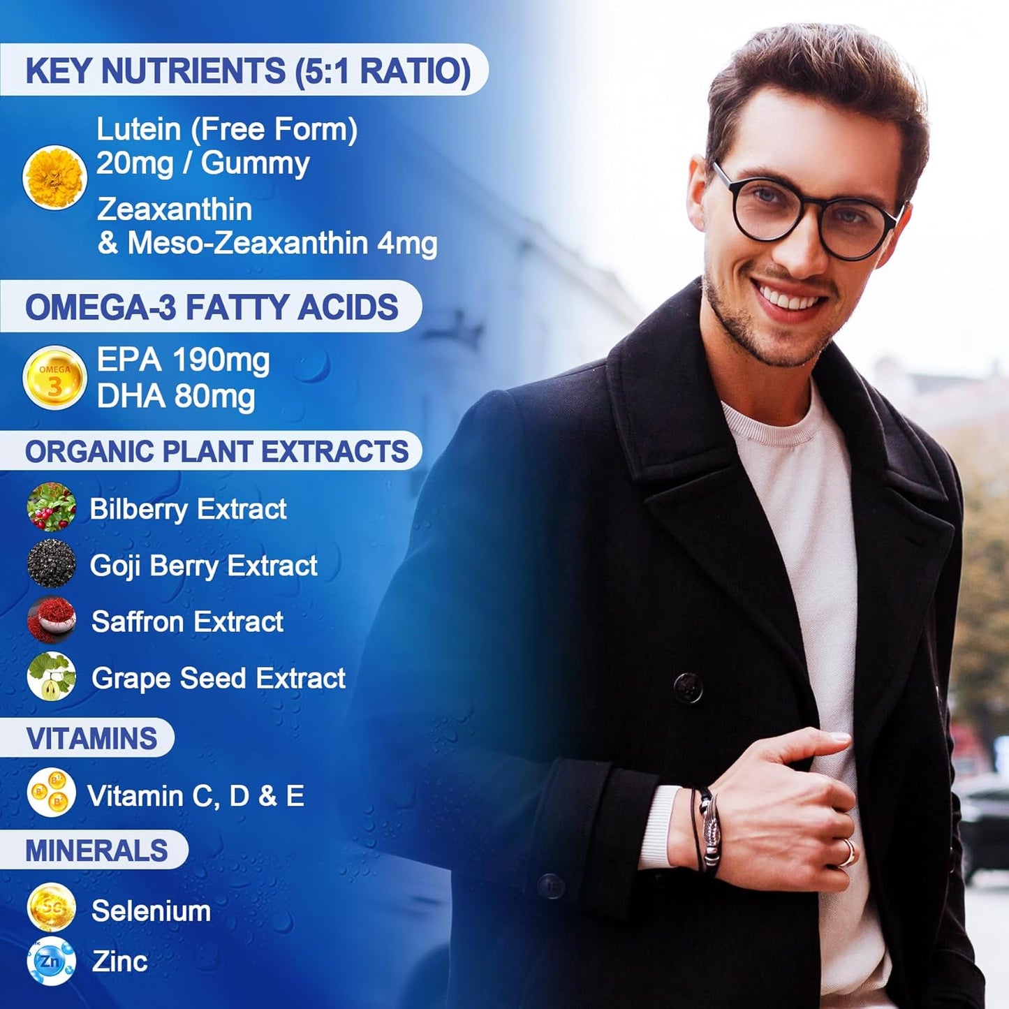 LILICARE Sugar Free Lutein and Zeaxanthin Gummies with Omega 3 for Eye Health - Vegan Eye Vitamins with Bilberry, Goji Berry & Saffron - 60Cts