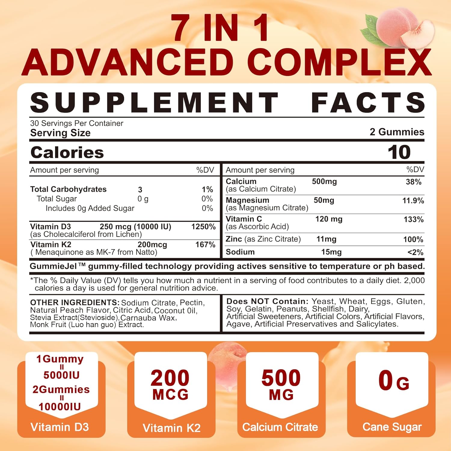 LILICARE Vegan Sugar-Free Vitamin D3 K2 Gummies with Calcium, Magnesium, and Vitamin C for Bone and Immune Support