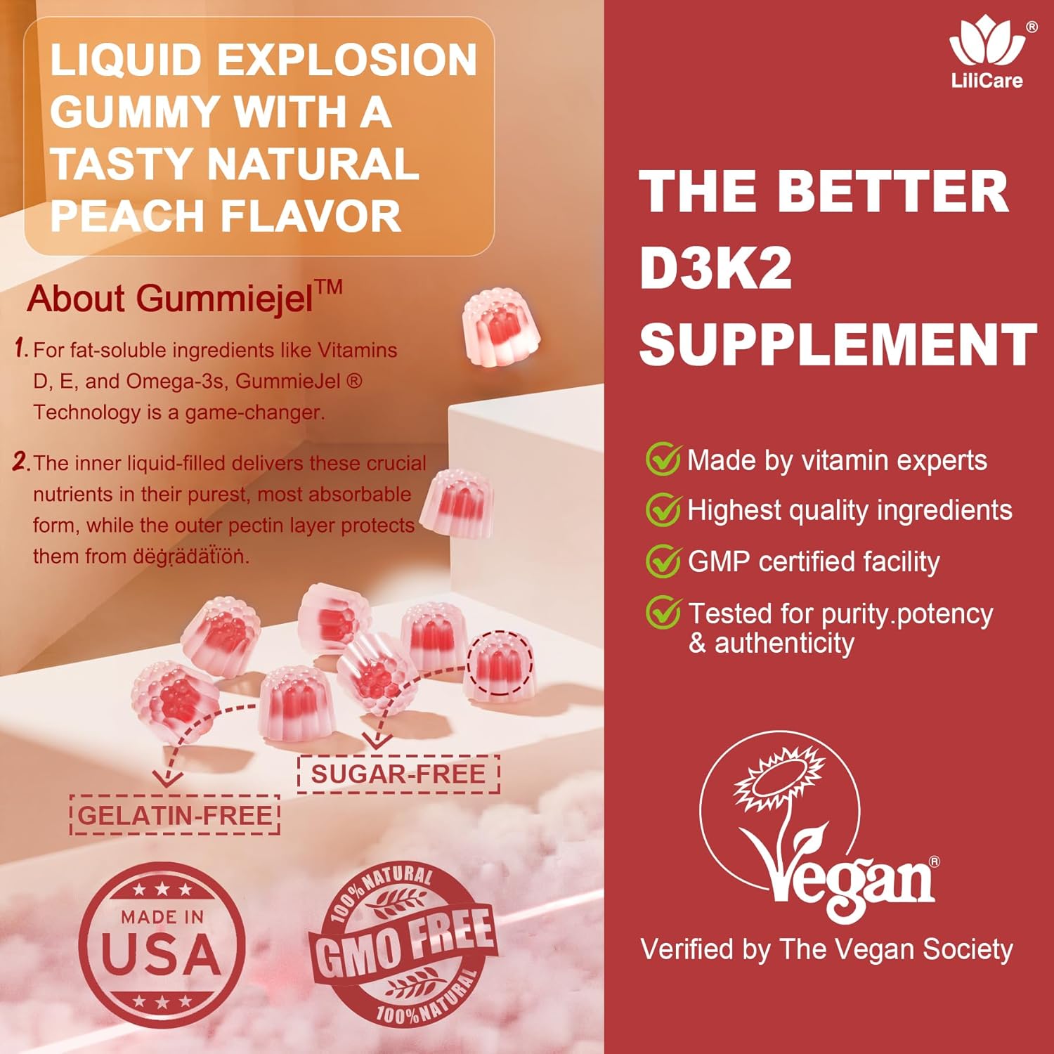 LILICARE Vegan Sugar-Free Vitamin D3 K2 Gummies with Calcium, Magnesium, and Vitamin C for Bone and Immune Support