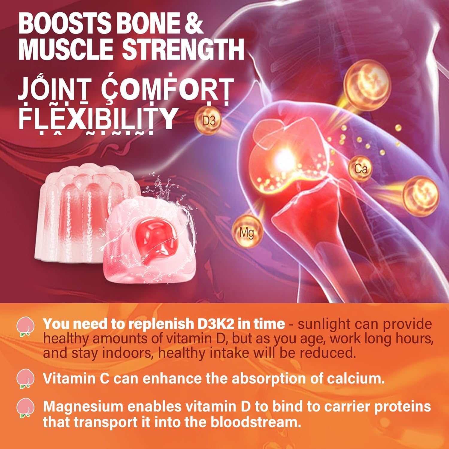 LILICARE Vegan Sugar-Free Vitamin D3 K2 Gummies with Calcium, Magnesium, and Vitamin C for Bone and Immune Support